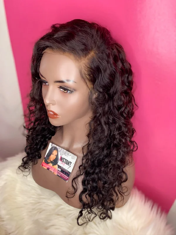 Medium length wig with tight curls-Raven Unit: Glue-less Water Wave Frontal Wig