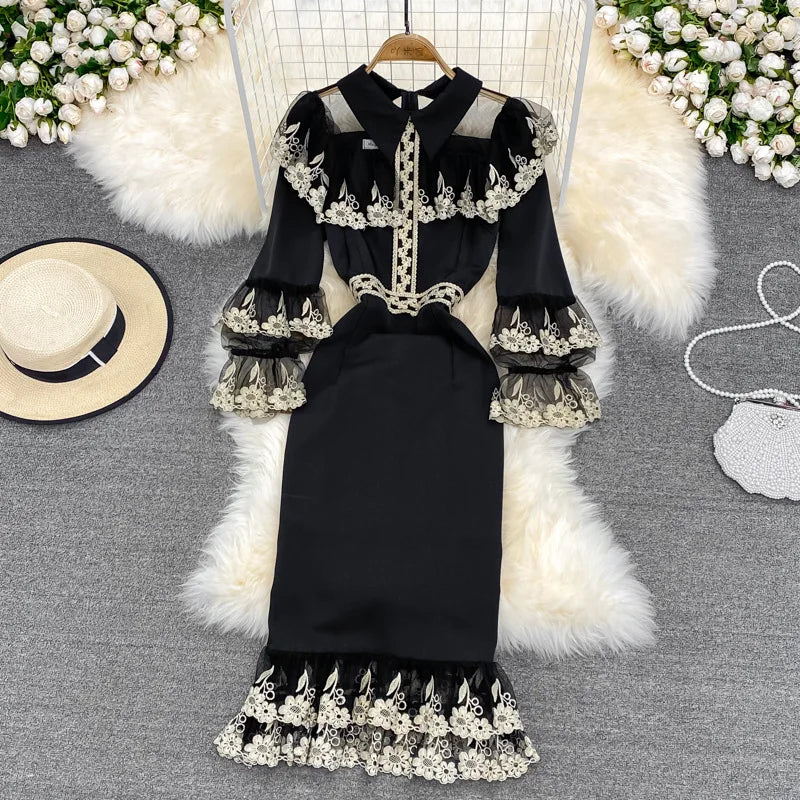 Wig for funky texture-Arrivals ANSZKTN New Ladies Clothing Wholesale European And American Retro Embroidery Lace Decoration Slim Casual Dresses