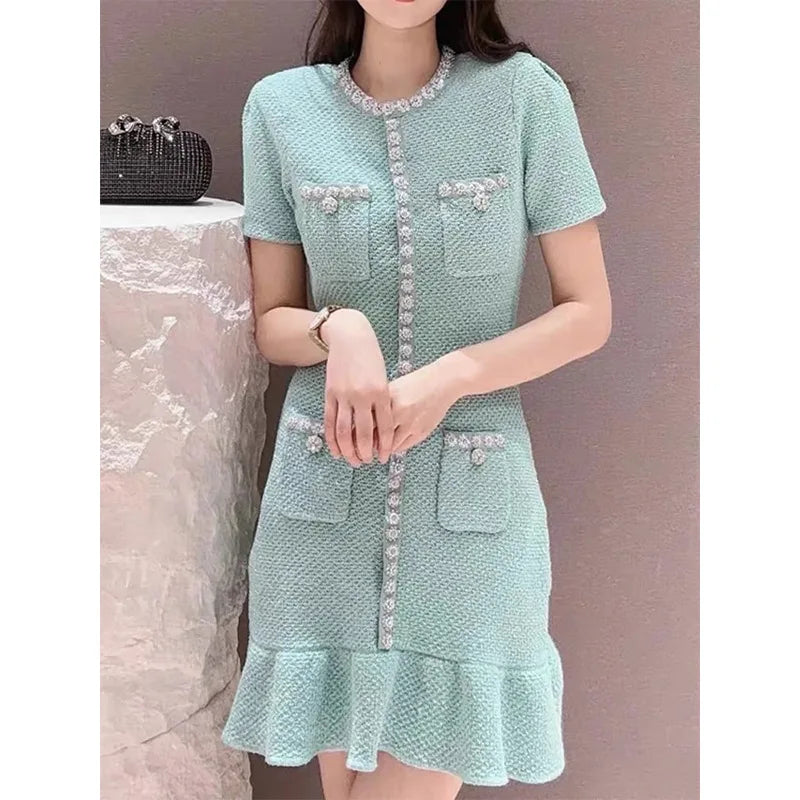 Curly wig for dry weather-French knit lapel short dress round neck green women's dresses 2024 pleated high quality wholesale women's clothing