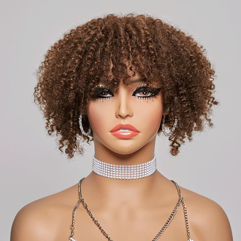 Short blonde wig with tight curls-Glueless Chocolate Brown Throw From Bob Curly Wig