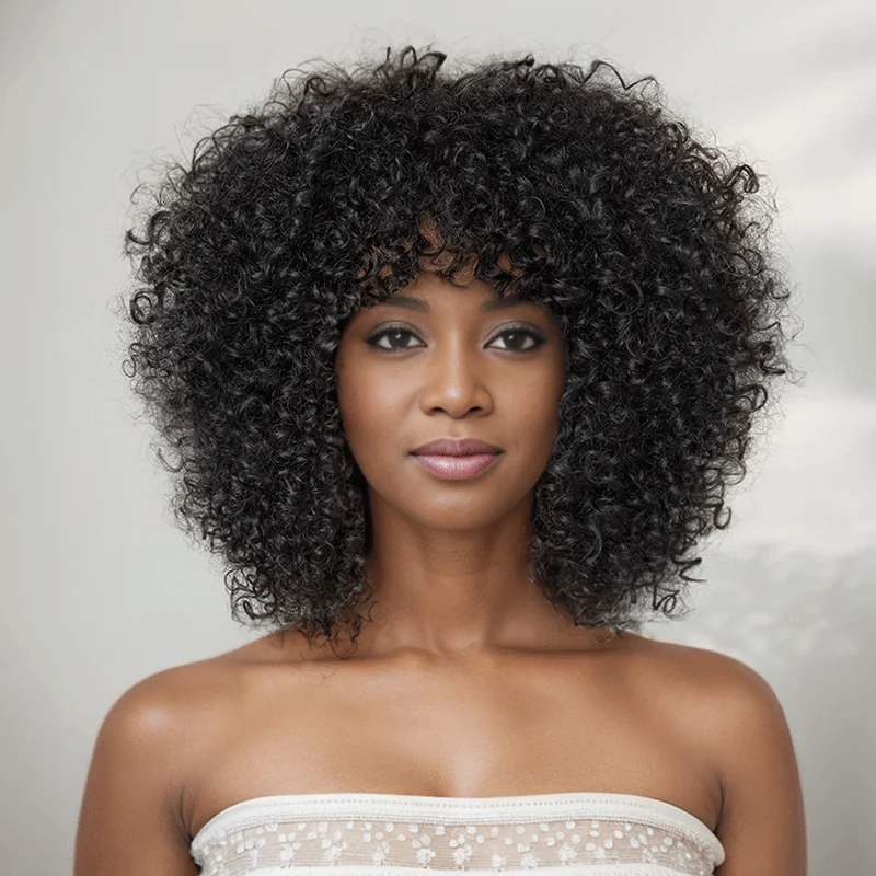 Synthetic wig for mild weather-Glueless Short Curly Afro Bob Wig With Bangs