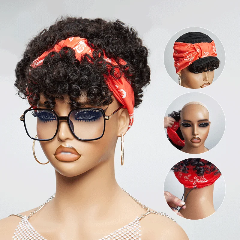 Wig for playful vibe-Glueless 3s Throw & Go Bob Headband With Bangs Curly Wig