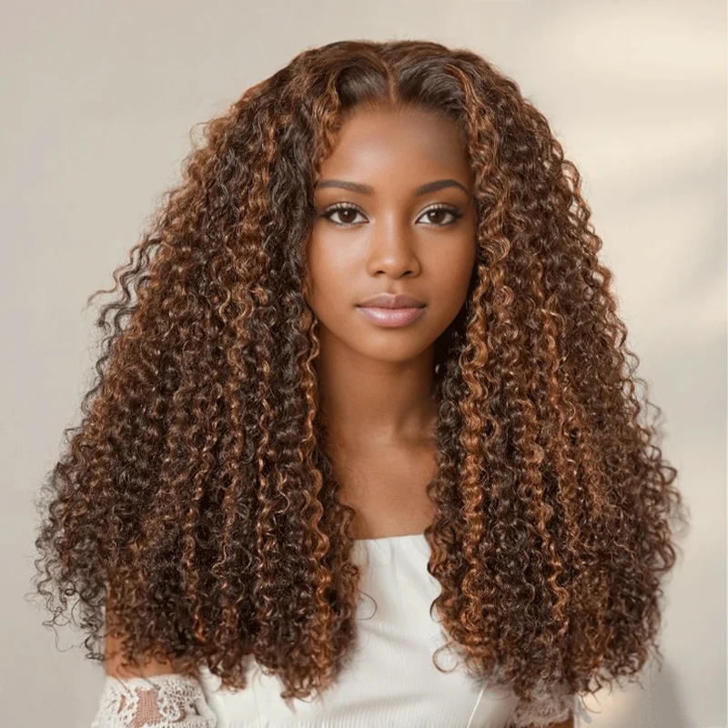 Wig for radiant flair-9x6 Glueless Copper Highlight Kinky Curly 250% Density Wig