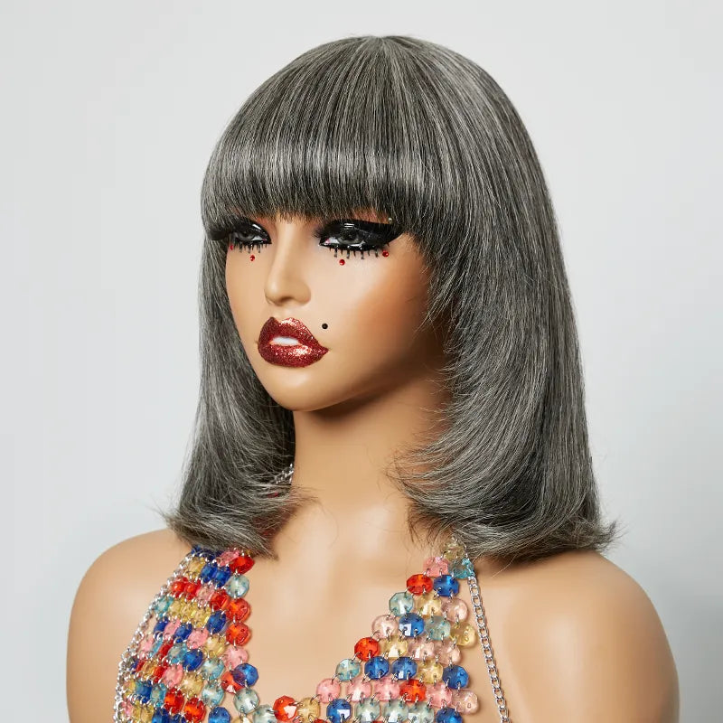 Short red wig with tight curls-13x4 Glueless Layered Salt & Pepper Color Bob Wig Straight