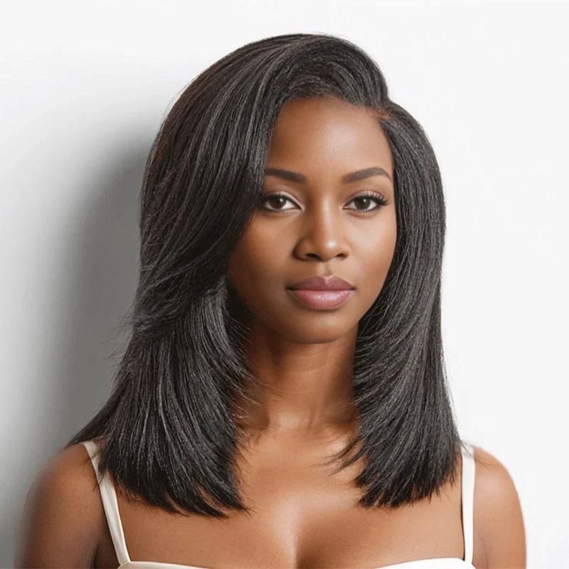 Medium wavy wig with soft shine-9x6 Glueless Layered Yaki Straight Bob Wig Wear Go For Beginners