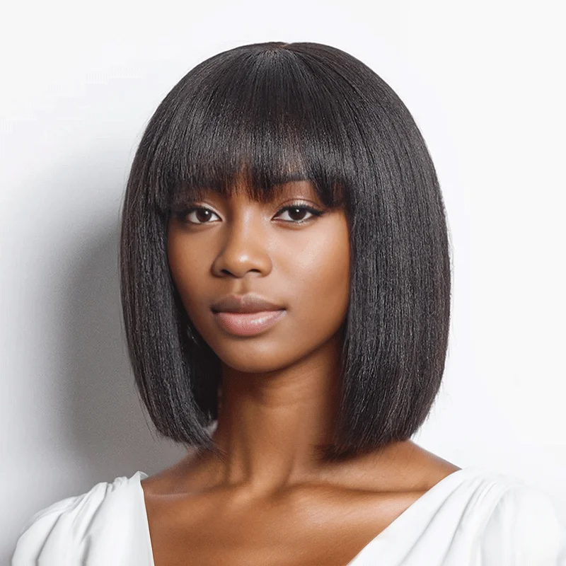 Glueless Yaki Straight Blunt Cut Bob with Bangs Wig Minimalist Lace Wig Beginner Friendly