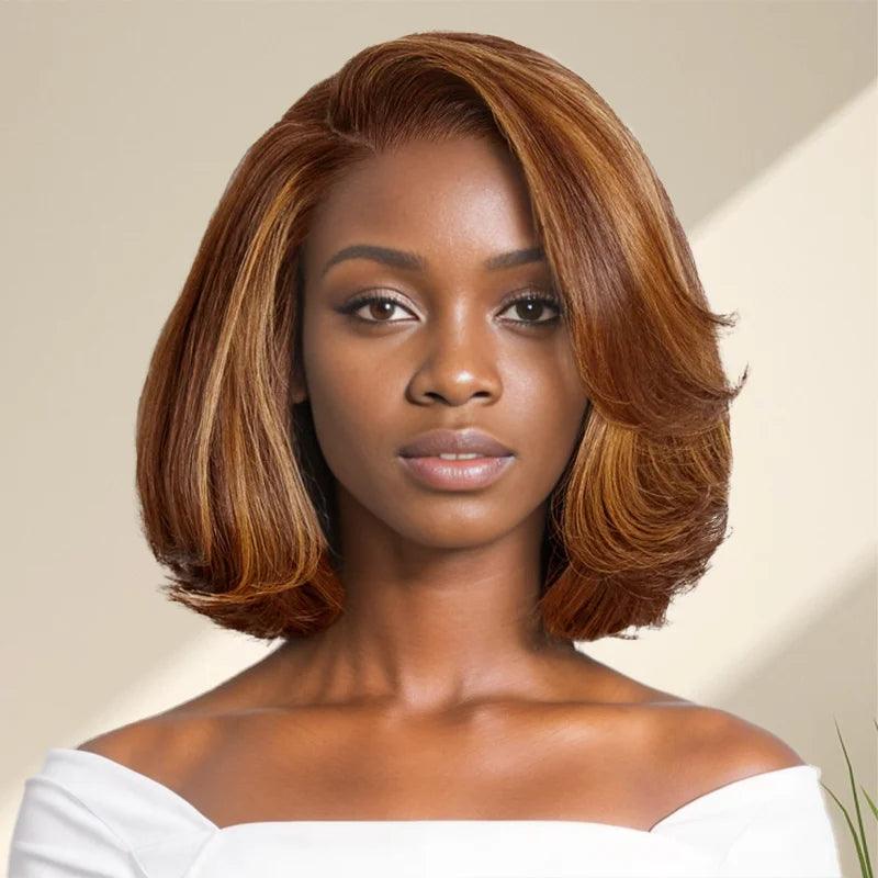 Short black wig with soft curls-7x5 13x4 Layered Glueless C Part Toffee Brown Mix Blonde/Natural Black Bob Wig Wavy