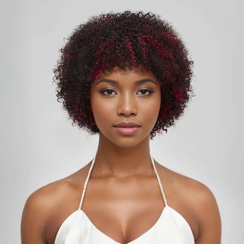 Short black wig with dramatic curls-Glueless Afro Red Highlight Kinky Curly Short Bob Pixie Wig