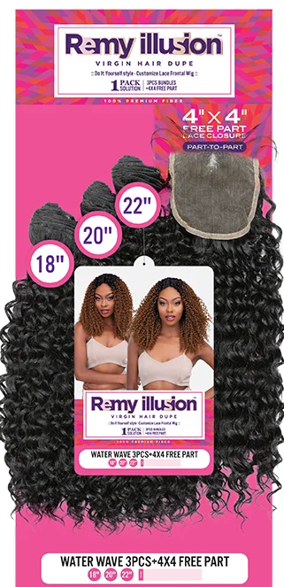 Long black wig with tight waves-REMY ILLUSION WATER WAVE 3pcs + 4X4 FREE PART 18"20"22"