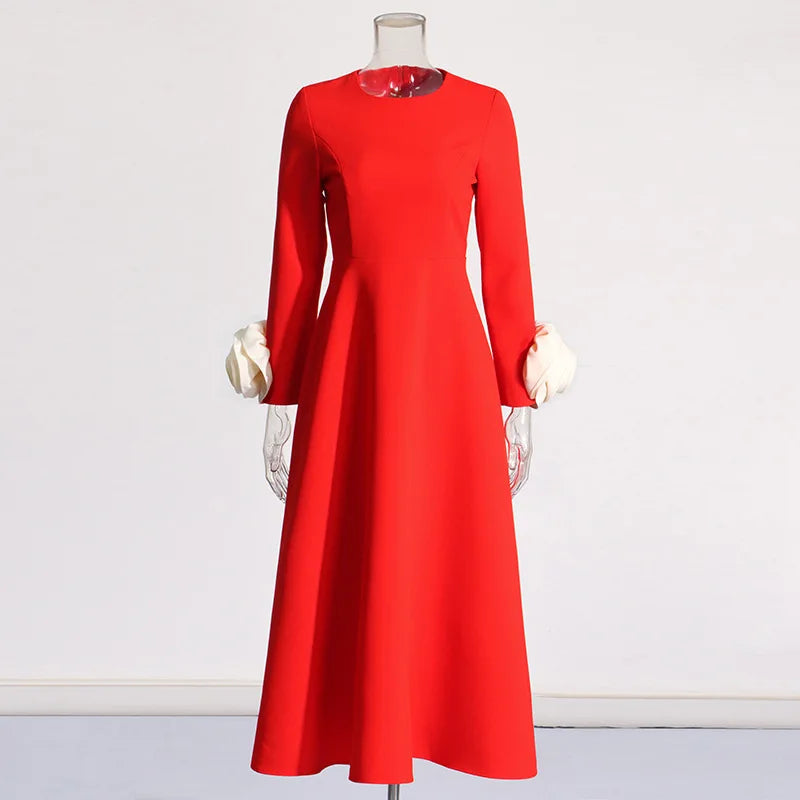 Wig for playful flair-Wholesale Dress 2024 Spring Summer Fashion Style Women Flower Deco Long Sleeve Elegant Red Black Elegant Long Maxi Dress XL Size