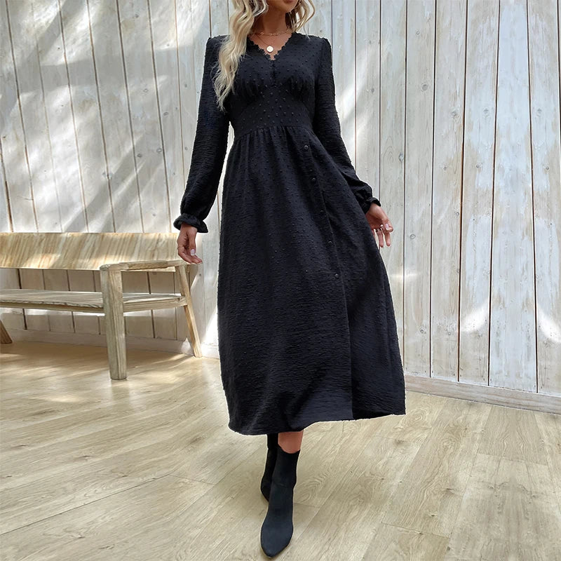 Wig for lush vibe-Women Black Soild Colour Long Sleeve Chic Midi Dress V Neck Casual Wholesale Clothing New Arrivals