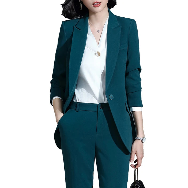 Long red wig with soft curls-Women's Solid Green Ankle-Length Blazer and Pant Suit Single Button 2 Piece Work Wear Office Lady Style Wholesale Dropship