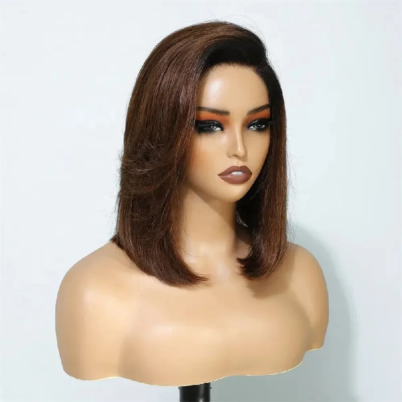 real person hair ring family treasure-10-14inch Brown Ombre C Part Straight Bob T Part Transparent Lace Human Hair Wigs