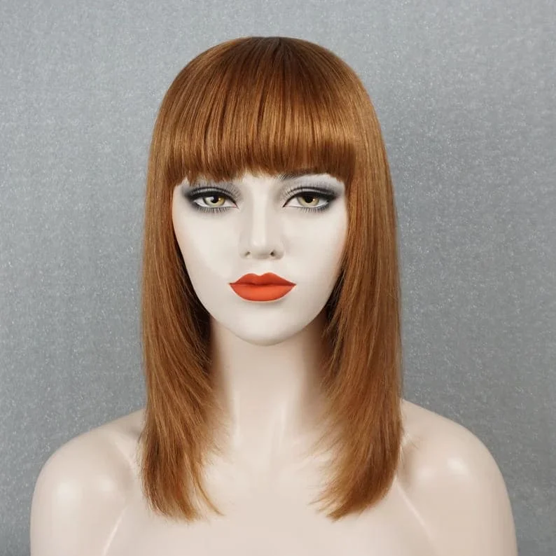 real person hair ring promo ring-12-16inch Ginger Straight Layered Glueless With Bangs Mono Top Human Hair Wig