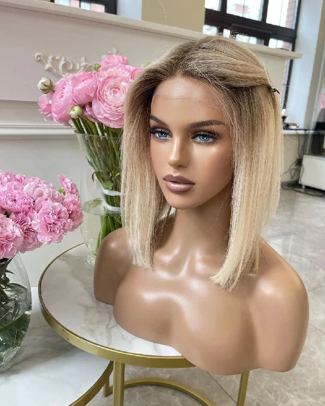 real person hair ring sale design-12-24inch Blonde Ombre Virgin Human Hair Silk Top Lace Hand-Tied Medical Wigs