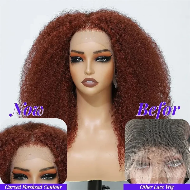 real person hair ring party treasure-14-24inch Bright Red Kinky Curly Pre Plucked 13*4 Front Lace Human Hair Wigs