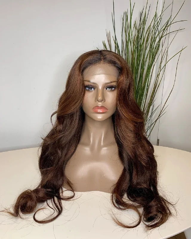 real person hair ring groomsman ring-14-28inch Caramel Color Wave Glueless 7x5 Closure Human Hair Wig