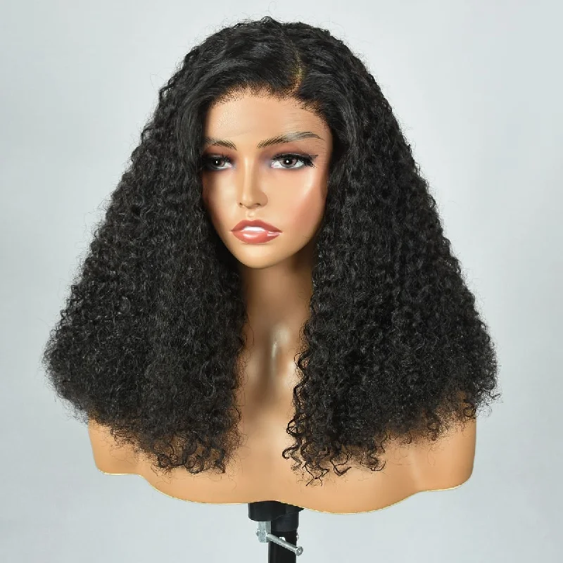 real person hair ring bond ring-16-24inch Black Kinky Curly 180% Density 13*4 HD Lace Front Human Hair Wigs