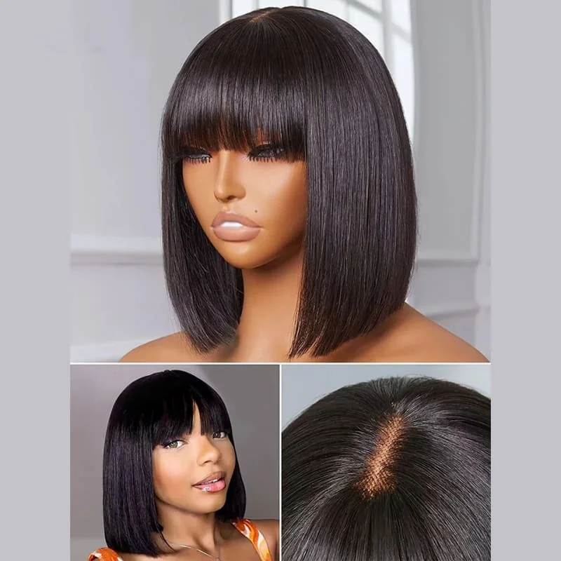 real person hair ring graduation craft-8-14inch Black Silky Straight Bob With Bangs HD 3x1 Glueless Human Hair Wig