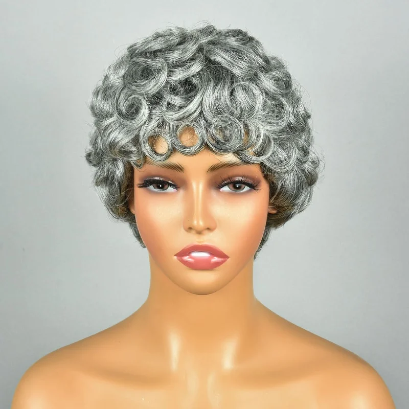 real person hair ring road treasure-8inch Grandma's Grey Short Pixie Cut Layered Wave With Bangs Non Lace Human Hair Wig