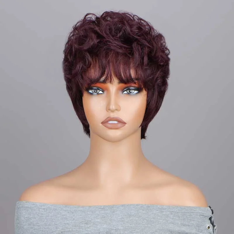 real person hair ring shiny treasure-#99J Dark Burgundy Layered Pixie Cut Wig Short Loose Curly Human Hair No-Lace Glueless Wigs