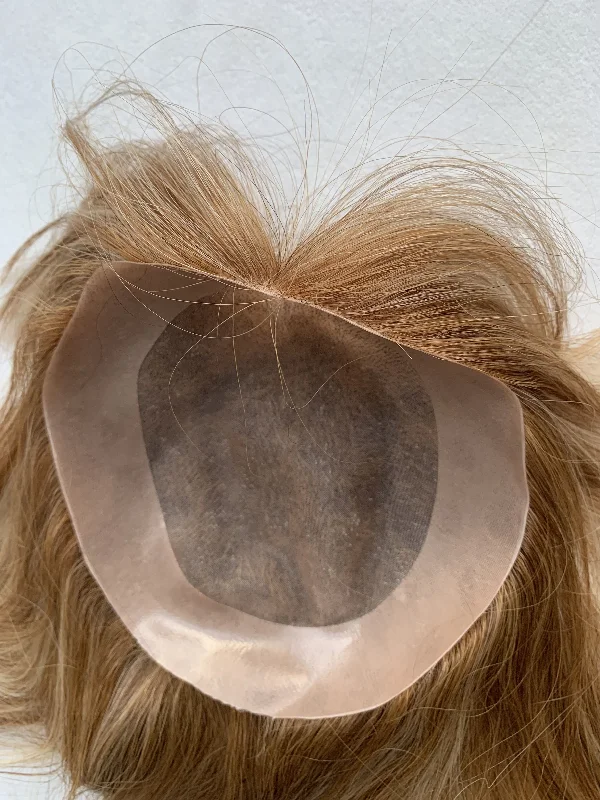 real person hair ring event treasure-Ash Blonde Balayage 8" x 7" Mono Base + NPU With Bang Virgin Human Hair Topper