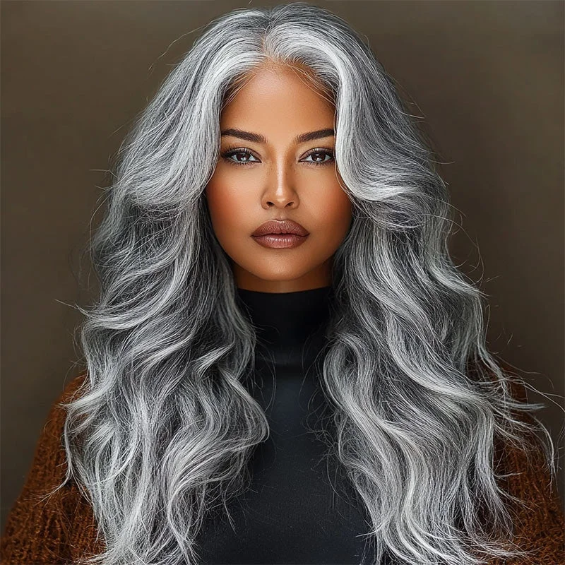 real person hair ring polished gift-Attractive Silver Black Highlights Salt And Pepper Wig Real Human Hair Body Wave 5x5 HD Lace Wigs