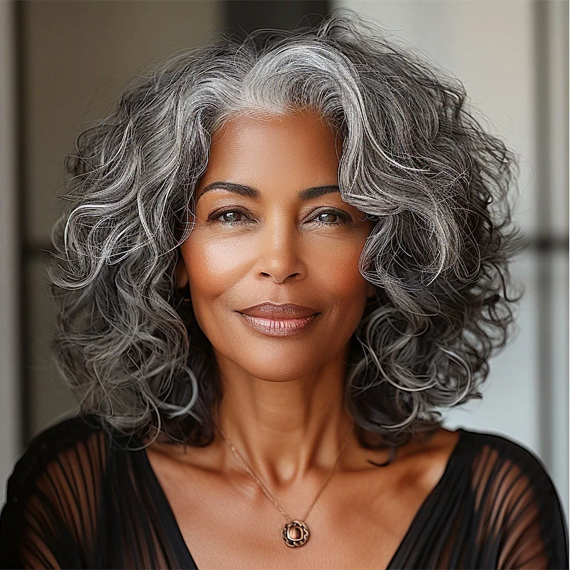 real person hair ring multi-use ring-Attractive Seniors Salt And Pepper Wig Real Human Hair Loose Wave Bob 5x5 HD Lace Wigs For Mom