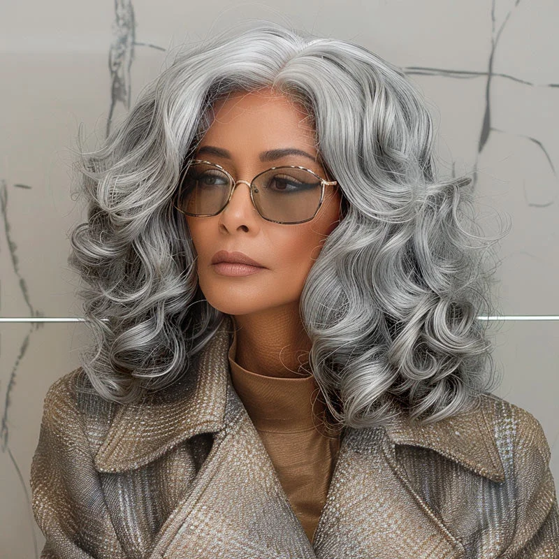 real person hair ring loyalty ring-Attractive Seniors Silver Grey Body Wave Wig Real Human Hair 5x5 HD Lace Standard Salt And Pepper Wigs For Women