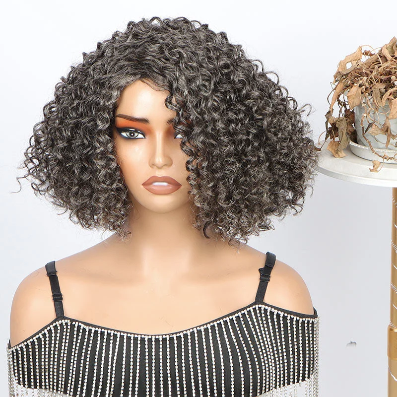 real person hair ring weather treasure-Beginner Friendly Medium Salt And Pepper Bob Curly Wig Human Hair Wear And Go Glueless Wig