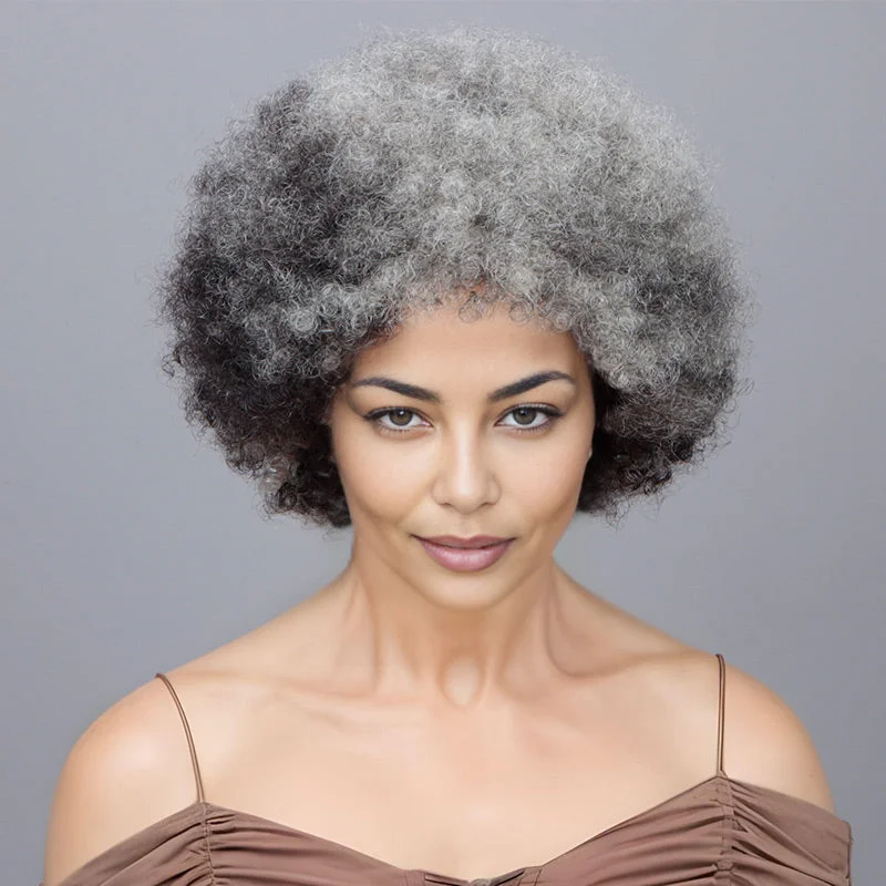 real person hair ring local gift-Beginner Friendly Wear To Go Wigs Salt And Pepper Short Afro 4C Kinky Curly Human Hair Glueless Wig For Older Women