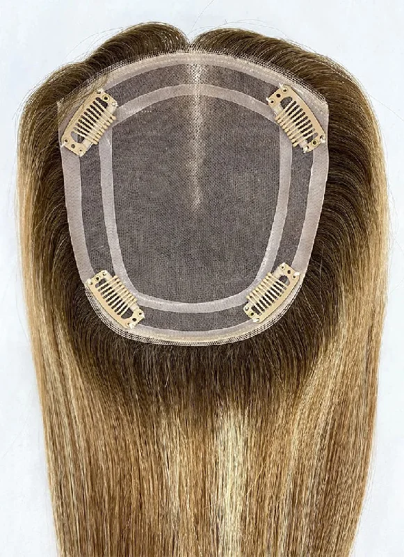 real person hair ring gathering band-Blonde Balayage with Dark Roots 5" x 6" Mono Base Straight Virgin Human Hair Topper