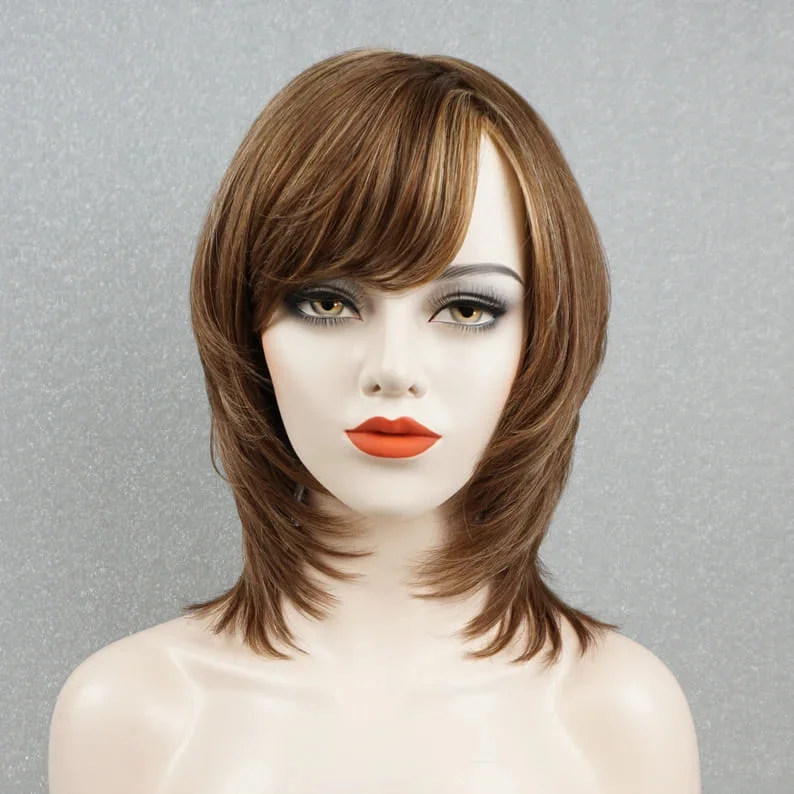 real person hair ring welcome craft-Chestnut Brown Blonde Highlights Layered With Bangs Mono Top Human Hair Wig