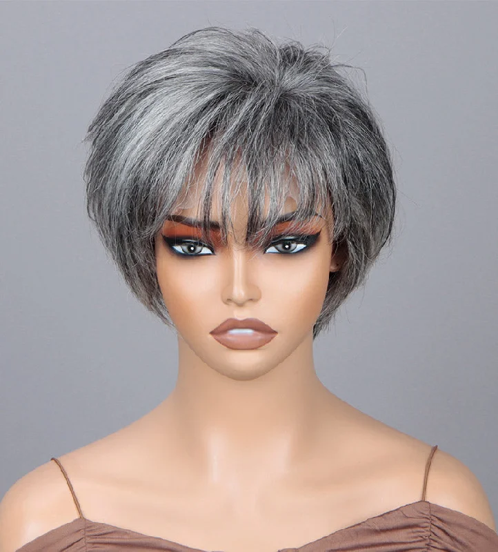 real person hair ring winter sale-Custom Grey Pixie Haircut Wigs For Older Women Silver Short Layers With Air Bangs Standard Salt And Pepper Straight Human Hair Lace Wigs