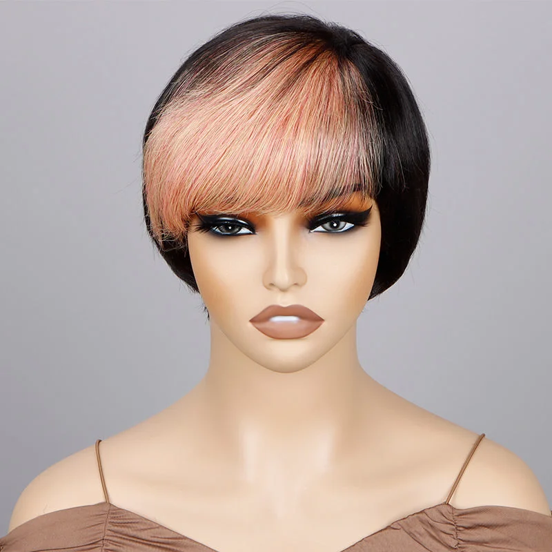 real person hair ring durable craft-Custom Light Orange Pink Wig Short Straight Pixie Haircut With Bangs Human Hair Wear And Go Glueless Wig