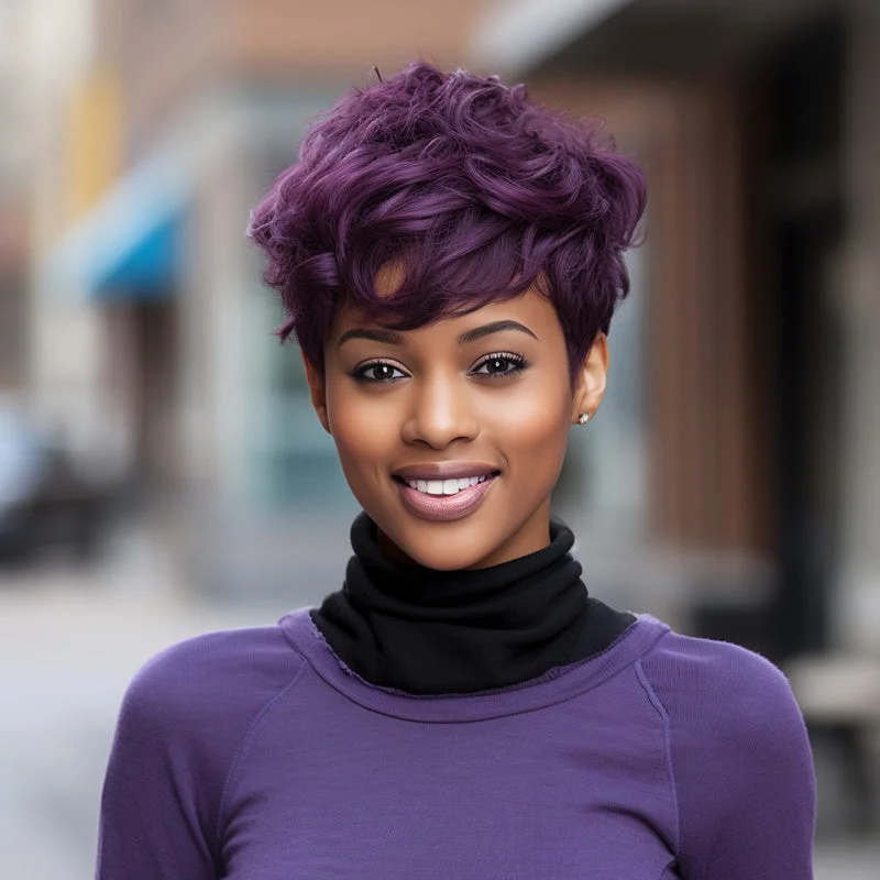 real person hair ring share gift-Custom Wig Two-Toned Edgy Pixie Haircut With Purple Layers Water Wave Human Hair Wear And Go Glueless Non-Lace Wig