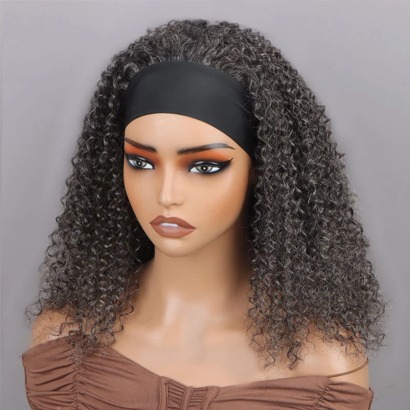 real person hair ring all-weather craft-Medium Salt & Pepper Kinky Curly 100% Human Hair Headband Wig For Black Women Dark Sliver Grey