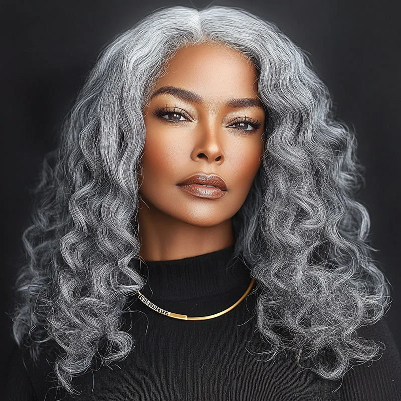 real person hair ring budget band-Elegant Silver Gray 13x4.5 Full Frontal Lace Wig Loose Curly Human Hair Salt And Pepper Wig For Women