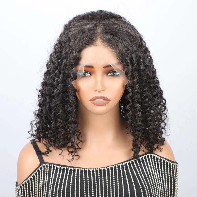 real person hair ring durable craft-Dark Salt & Pepper Jerry Curly Freestyle Full Lace Wigs Real Human Hair Bob Part Anywhere High Breathable Cap Wig