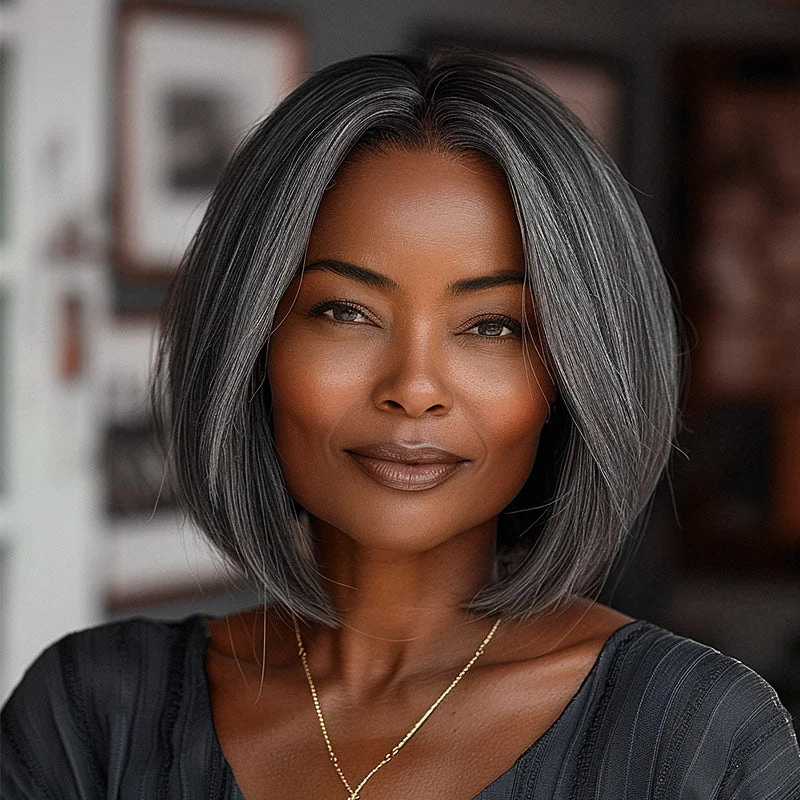 real person hair ring family treasure-Glueless Ready To Go Salt And Pepper Wigs Silky Straight Bob Real Human Hair 4x4 Lace Wigs For Older Women