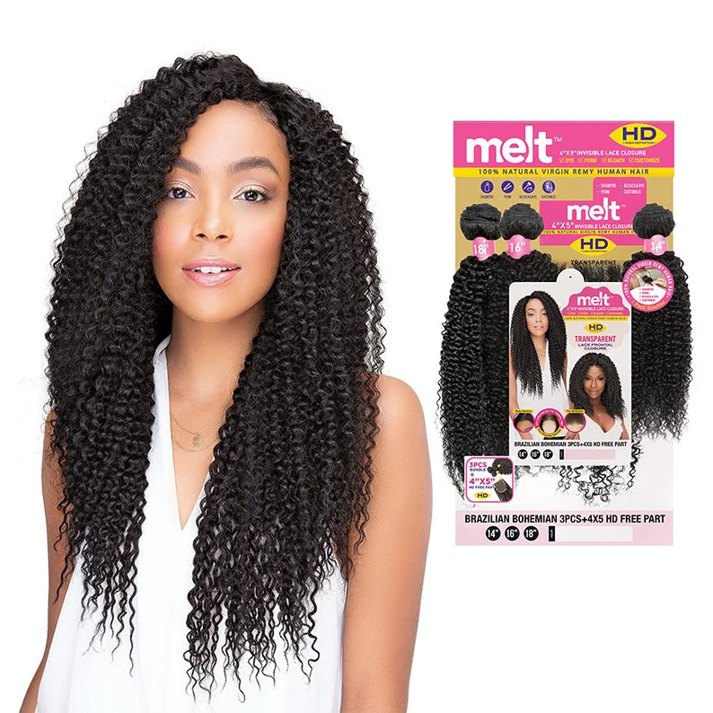 real person hair ring designer gift-JANET COLLECTION Melt 100% Natural Virgin Remy Human Hair Brazilian Bohemian 3pcs + 4X5 HD Lace Closure