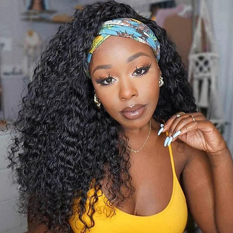 real person hair ring affordable gift-Natural Black Deep Wave 100% Human Hair Headband Wig For Black Women