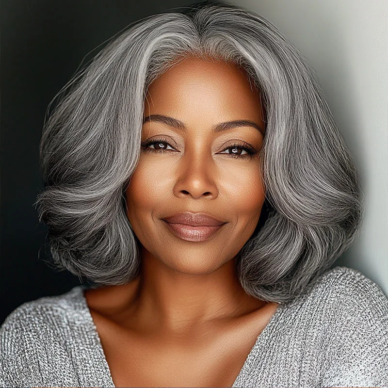 real person hair ring forever ring-Natural Straight Wavy Gray Bob For Older Women Real Human Hair Lace Wigs Salt & Pepper Color