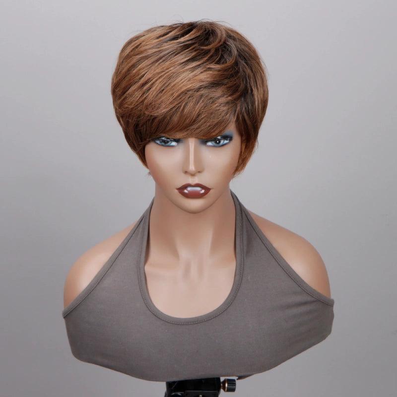 real person hair ring inspiration ring-Soul Lady Ombre Caramel Brown Short Pixie Cut Wig Straight Human Hair