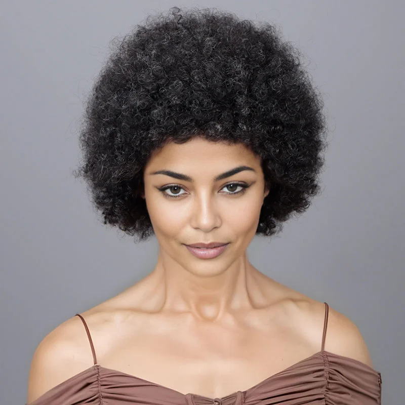 real person hair ring bearer band-Ready To Go Wigs Dark Salt And Pepper Afro 4C Kinky Curly Human Hair Glueless Wig Beginner Friendly For Women