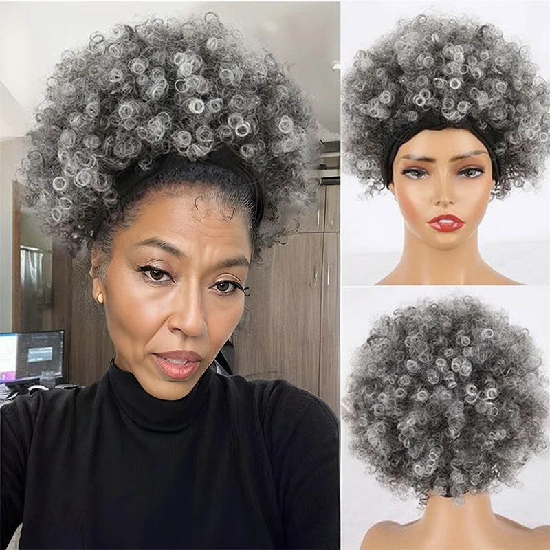 real person hair ring creative treasure-Salt And Pepper Afro Kinky Curly Headband Human Hair Wig Gray Ombre Glueless Wig