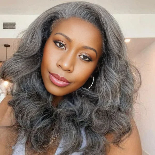 real person hair ring bond ring-Medium Salt And Pepper Body Wave Human Hair 3 in 1 Half Wig Ready To Go Grey Wigs