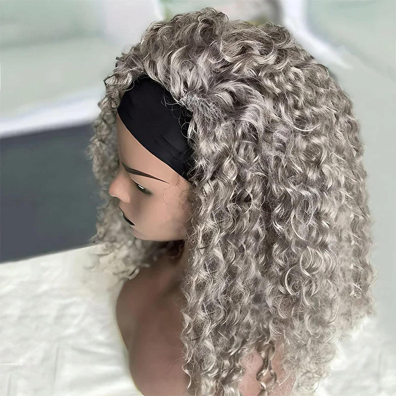 real person hair ring handmade ring-Ready To Go Salt And Pepper Water Wave Human Hair Headband Wig For Older Women