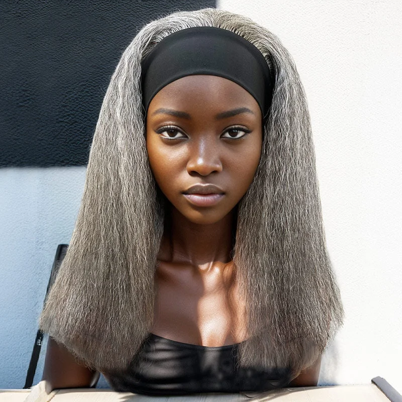 real person hair ring creation treasure-Glueless Salt & Pepper Wigs Grey Kinky Straight Human Hair Wear To Go Headband Wigs