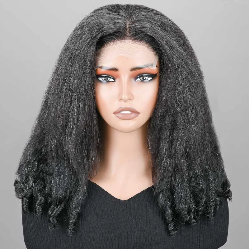 real person hair ring rare craft-Kinky Straight & Curly 2-in-1 Hairstyle Dark Salt And Pepper Human Hair 5x5 Lace Closure Wig for Women